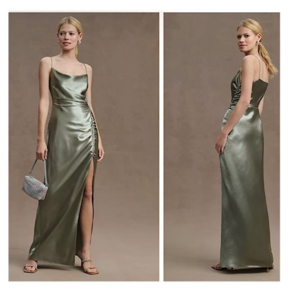 Sachin & Babi Jennings Ruched Hammered Satin Side-Slit Gown, Sz 2, moss green